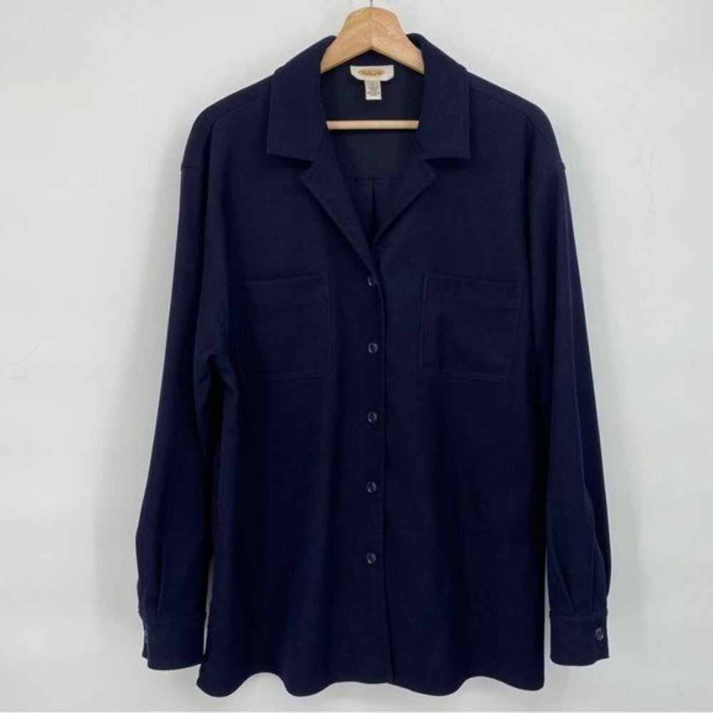 Talbots Vintage Womens Button-Down Long Sleeve Shirt Size Large Navy Ribbed